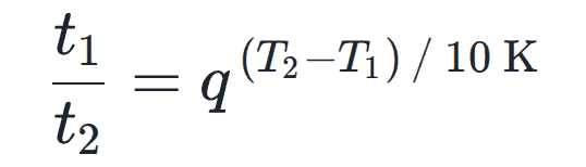 t₁/t₂ = q to the power of ((T₂ − T₁) / 10 K)
